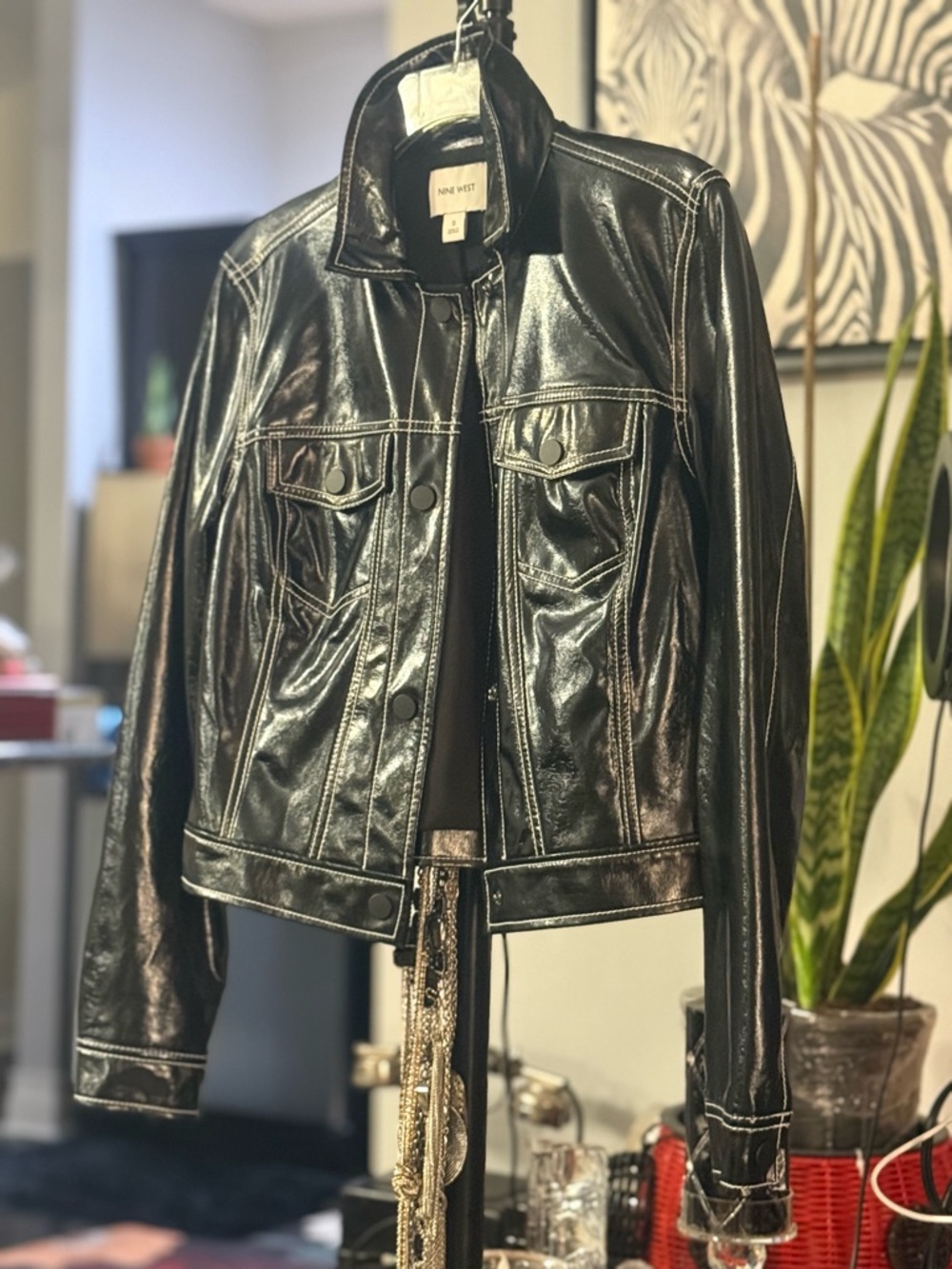 Nine West Black Faux Leather Trucker Jacket with White Topstitch